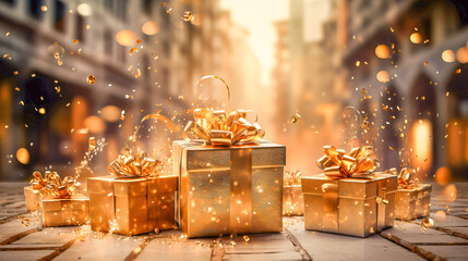 Golden gift boxes with ribbon bow tags over blurred bokeh background with lights. Christmas decor. Blinking Holiday Background. - obrazy, fototapety, plakaty