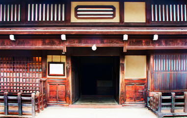 The front area of traditional wooden Japanese houses in Hida, Takayama—one of the most beautiful...