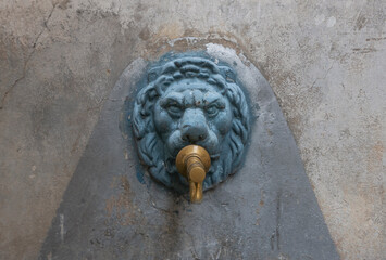 faucet of a stone fountain in the shape of a lion's head