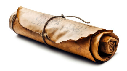 Antique rolled papers on a white backdrop, evoking a sense of treasure, pirates, and historic maps...