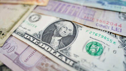 Banknotes from different countries of the world. National currencies. Currency exchange