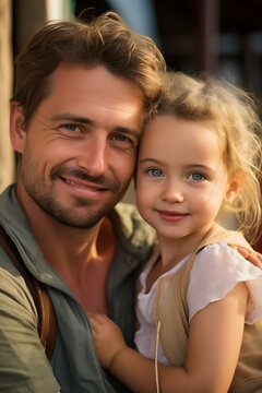 Family photo of an adult father and his daughter. Smiling faces. Happy family. Photo with sunshine and laughing people.