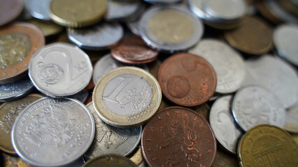 Coins from different countries of the world. Polish Zloty, Czech Crowns, Euro, Russian Ruble