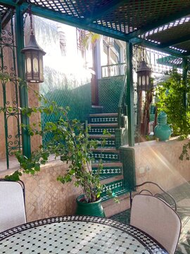 beautiful view with traditional staircase in a riad , Fes City ,Morocco
