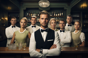 A team of professional bartenders and mixers on a dark backdrop, ready to work at the bar counter in a well-lit studio. Generative AI.