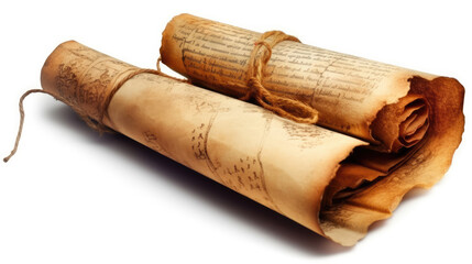 Antique rolled papers on a white backdrop, evoking a sense of treasure, pirates, and historic maps from yesteryears