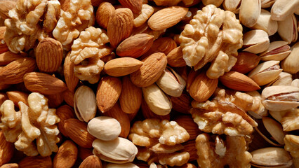 Assorted nuts. Pistachios, almonds, walnuts. Proper nutrition. Healthy food