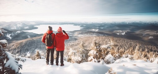 two people standing on a snowy mountain top looking out over a mountain and lake. Panorama, mountain and freedom concept. copy space for text
