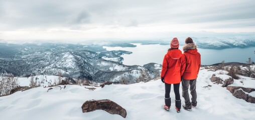 two people standing on a snowy mountain top looking out over a mountain and lake. Panorama, mountain and freedom concept. copy space for text
