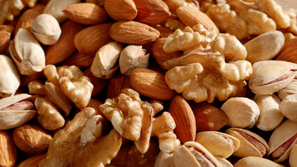 Assorted nuts. Pistachios, almonds, walnuts. Proper nutrition. Healthy food