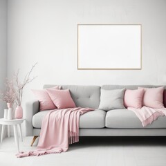 Gray Sofa in Room with White Wall - Interior Design with Picture Frames Mockup