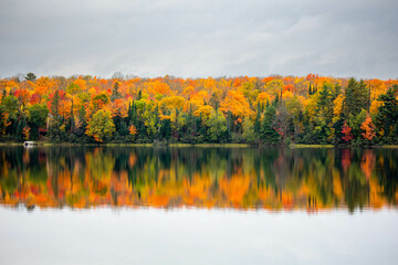 Colorful autumn trees on lake of the Falls in Mercer, Wisconsin