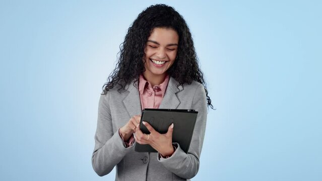 Business, woman and tablet in studio for search, internet scroll and networking with happiness on mock up. Entrepreneur, person and touchscreen or technology for social media on blue background
