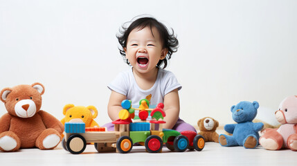 Asian child playing with toys, happy child playing