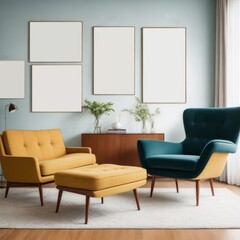 Lounge Chairs and Sofa in Modern Living Room - Interior Design with Picture Frame Mockup