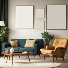 Lounge Chairs and Sofa in Modern Living Room - Interior Design with Picture Frame Mockup