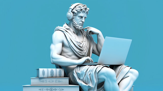Greek Statue with laptop, ancient and modern, sculpture and technology