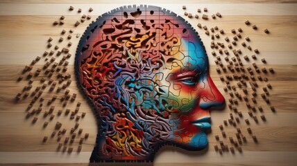 ADHD, attention deficit hyperactivity disorder, mental health, head of a man with jigsaw pieces - obrazy, fototapety, plakaty
