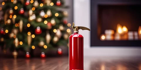 Foto auf Acrylglas Red fire extinguisher stands on the floor near the christmas tree, concept of Holiday decoration © koldunova
