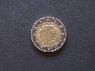 Irish 2 Euro coin obverse commemorating 10 years of EMU, currenc