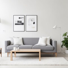 Gray Sofa in Room with White Wall - Interior Design with Picture Frames Mockup