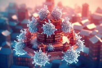 Outbreak of coronavirus in Wuhan, China. The virus is a single-stranded RNA virus. 3D render. Generative AI - obrazy, fototapety, plakaty