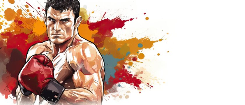 An illustration of a boxer man with colorful watercolor splash, isolated on a white background with copy space, and presented on a banner featuring a paint splash explosion.




