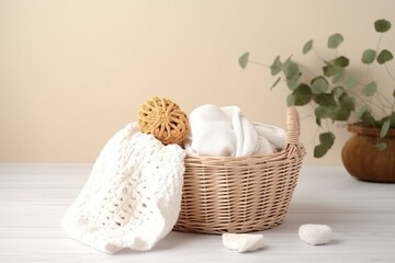 Fototapeta na wymiar Straw wicker basket, white cotton towel on light background. Natural, eco-friendly materials. Generative AI