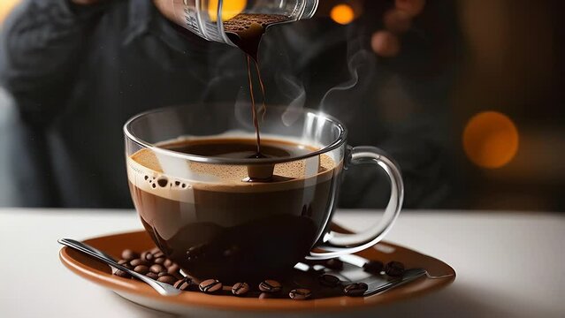 The process of preparing Americano in a glass cup. Coffee on a plain background with blurred bokeh. Black hot drink. stop motion style with variable items.