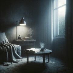 quiet and peaceful room with books and coffee.  moody - obrazy, fototapety, plakaty