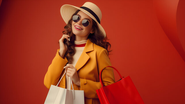 girl in a hat, glasses, shopping, packages
