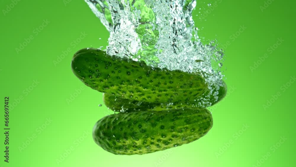 Poster super slow motion of falling fresh cucumbers into water on green gradient background. filmed on high