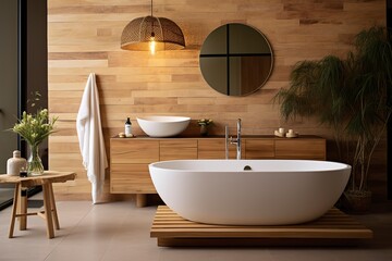 Interior of stylish bathroom with wooden cabinet, sink, bathtub, and mirror.