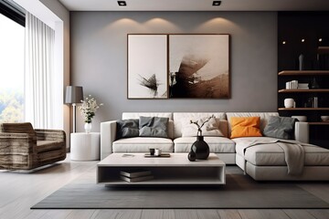 Modern living room with sofa and furniture.