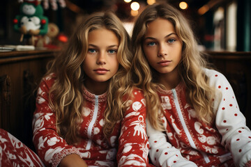 Obraz na płótnie Canvas two beautiful blonde sisters wearing cozy christmas pyjamas and waiting for christmas morning. Christmas marketing campaign or wallpaper background.