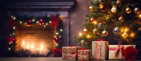 Fototapeta premium Christmas Home Room, Gift Box Below Tree With Lights And Fireplace.