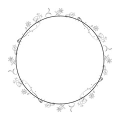 Abstract Black Simple Line Round Circle With Leaf Leaves Frame Flowers Doodle Outline Element Vector Design Style Sketch Isolated Illustration For Wedding And Banner