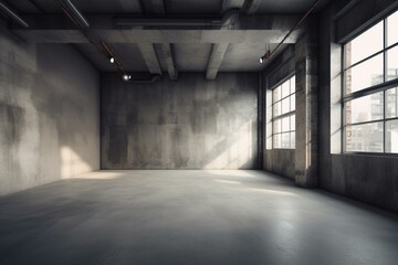 Contemporary empty room with asymmetrical walls and rugged floor - industrial backdrop. Generative AI