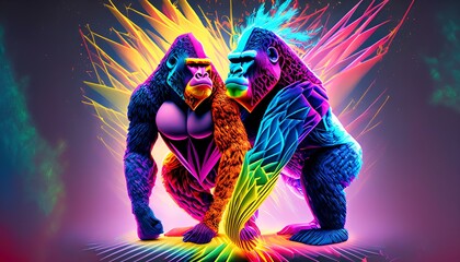 Gorilla and monkeys in rainbow colors	