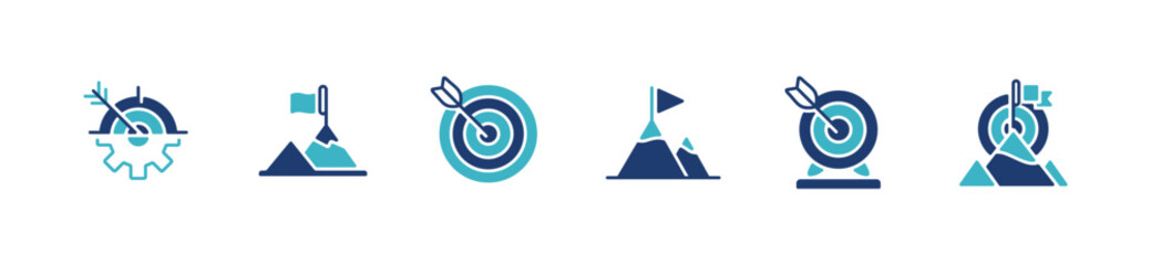 set of target success mission achievement icon vector business marketing challenge goal performance with flag summit mountain and arrow aim dartboard symbol illustration