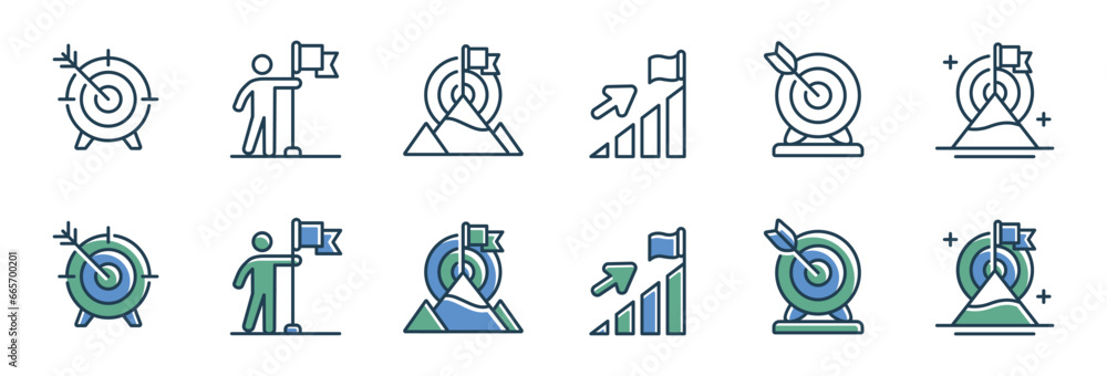 Aufkleber arrow target mission mountain peak goal icon set business objective competitive challenge with arrow and mountains symbol vector illustration for web and app