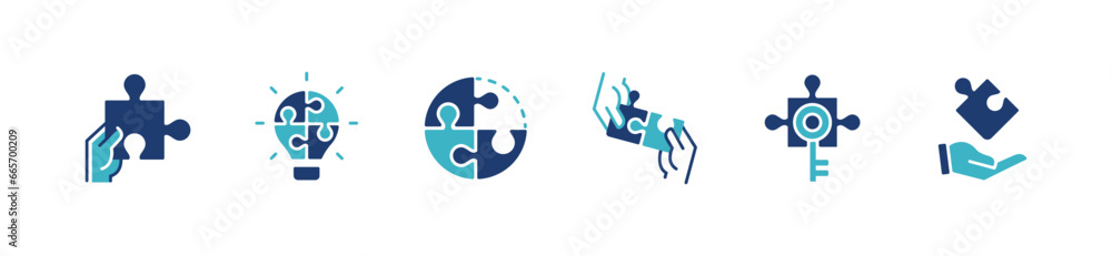 Poster collection of jigsaw puzzle piece match problem solving success idea icon vector business teamwork challenge strategy innovation symbol illustration
