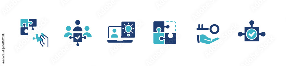 Fototapete set of problem solving strategy innovation match jigsaw puzzle piece icon set creative idea teamwork challenge solution vector illustration objective management success answer symbol design