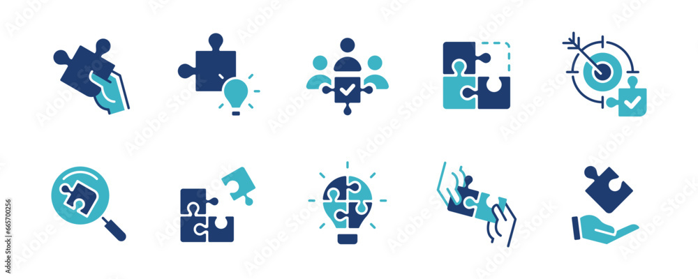 Poster puzzle challenge solution icon set business teamwork mission jigsaw piece match part problem solving management vector illustration 