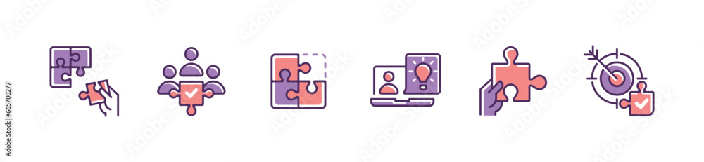 Poster set of puzzle jigsaw piece business teamwork challenge solution icon vector success idea creative th