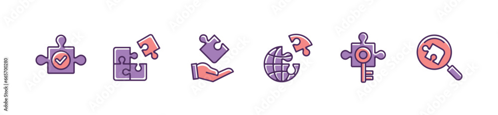 Poster puzzle challenge problem jigsaw piece fit solution icon set business mission management creative str