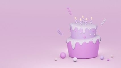 3D birthday cake render with candles on pink background for anniversary party. Purple cute sweet dessert food with decoration.