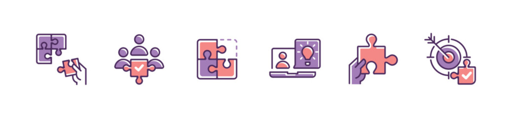 set of puzzle jigsaw piece business teamwork challenge solution icon vector success idea creative thinking problem solving marketing management symbol illustration