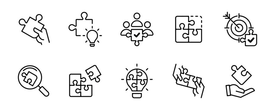 puzzle jigsaw teamwork challenge solution icon set line style business mission creative problem solving puzzle match piece vector illustration outline collection for web and app