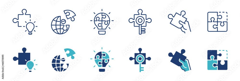 Poster collection of jigsaw puzzle challenge teamwork mission icon set business management objective soluti
